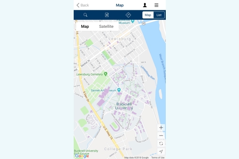 Screenshot of the map inside the Bucknell app