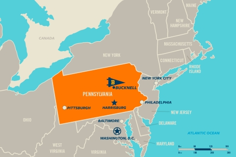 A map of the north eastern United States with Bucknell marked on the map