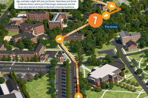 Campus Driving Tour Map - Stop 7 Detail. To downtown: Travel north on University Avenue to the stop sign, and take a slight left onto 3rd Street. Head down 3rd Street to Market Street, where you’ll find shops, restaurants and the three-story Barnes &amp; Noble at Bucknell University bookstore.