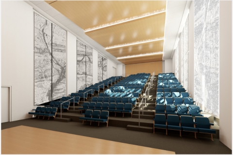 An artist&#039;s rendering shows the panels designed by Aaron Li &#039;20 hanging in the building&#039;s auditorium.