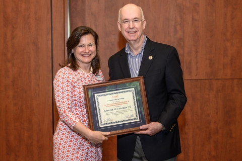 Christine Kelleher &#039;91, Alumni Board President and Ken Freeman &#039;72, Outstanding Achievement in a Chosen Profession Award recipient.