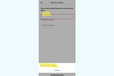 Screenshot of You can donate Guest Passes from your accounts below section of the GET mobile app