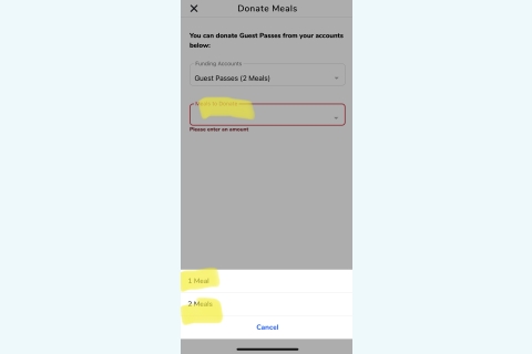 Screenshot of Meals to Donate section of the GET mobile app