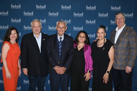 2023 Alumni Award recipients. From left to right, Christine Zapotoczky Kelleher &#039;91, Cynthia A. Mason-Posey &#039;78-Loyalty to Bucknell Award, Michael C. Pascucci &#039;58, P&#039;81, P&#039;87, G&#039;21, G&#039;22-Outstanding Achievement in a Chosen Profession Award, Bob Drake &#039;73-Service to Humanity Award, Antoinette Klatzky &#039;08-Young Alumni Award and President John Bravman.