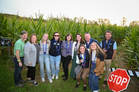 Bucknellians and family members enjoying a beautiful night at the Ard&#039;s Farm Wine Tasting in the Corn Maze.