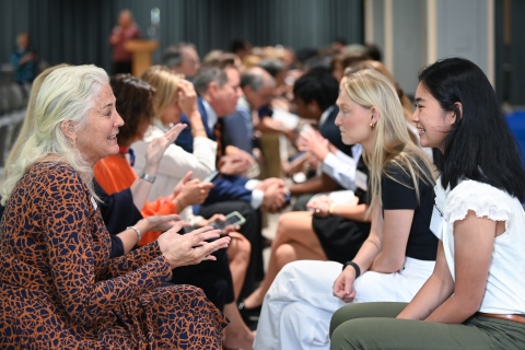 Gabrielle Dorland Taylor &#039;84, P&#039;19, Bucknell University Alumni Association Board member, talking with current Bucknell students during the Speed Networking hosted by The Center for Career Advancement.