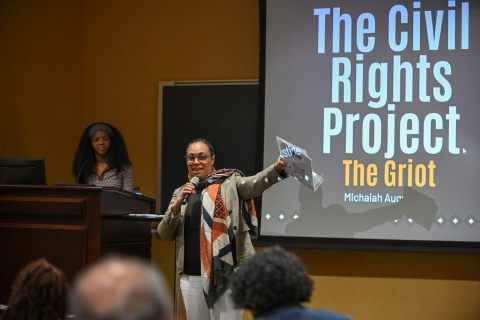 Cymone Fourshey,Director Bucknell Griot Institute for the Study of Black Lives and Cultures discusing  Michaiah Augustine ‘23&#039;s research for the Bucknell Civil Rights Project.