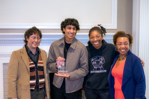 Social Justice Lunch Seminar organizers Professor Chase Gregory, English; Nikash Kale &#039;25; and Ninah Jackson &#039;25 with Vernese Edghill-Walden &#039;87, vice president of equity &amp; inclusive excellence. Photo by Devin Whalen ’22, M’24