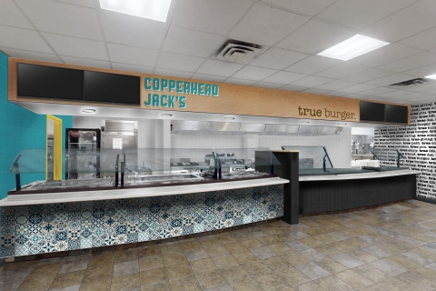 Two ordering counters at eateries in the Bison Cafe. Copperhead Jack's is on the left, True Burger on the right.