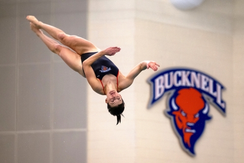 Meghan Catherwood twists in mid-air after launching off a high diving board. The Bunknell Bison logo is on the wall behind her.