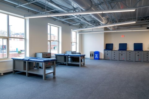 The sports medicine room in the Pascucci Team Center features elevated, padded treatment tables and stretching stations