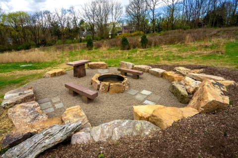 Bucknell's new fire pit, made from recycled material from past building projects.
