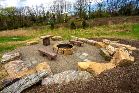 Bucknell&#039;s new fire pit, made from recycled material from past building projects.