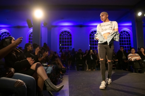 Brandon Vessels '22 models in fashion show.