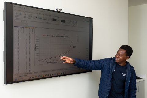 Emannel Mudungwe smiles as he gestures with his right hand toward a projection screen that shows a data chart.