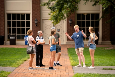 Student giving a tour on Malesardi Quad