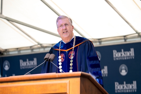 President John Bravman delivers remarks at the Class of 2020 Commencement ceremony, May 21, 2022