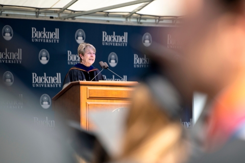 Provost Elisabeth Mermann-Jozwiak delivers remarks at the Class of 2020 Commencement, May 21, 2022