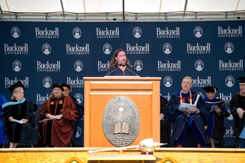 Class President Arianne Evans delivers remarks at the Class of 2020 Commencement, May 21, 2022