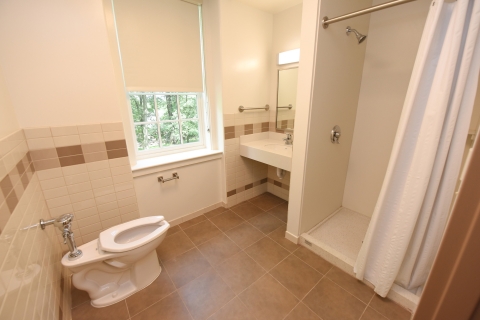 A finished residence hall bathroom