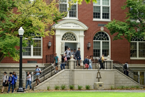 Students leaving the engineering building