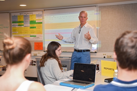 Management professor teaching a class