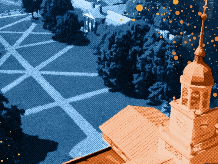 A blue and orange illustration of pathways on Malesardi Quad, with Bertrand Library in the lower right foreground.