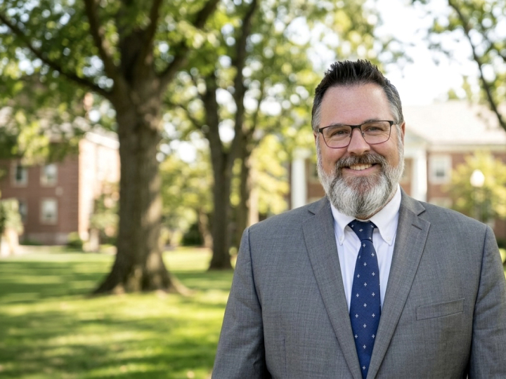 Portrait of Sean Schofield wearing a suit outdoors surrounded by trees.