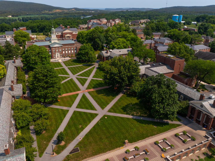 An aerial view of Malesardi Quadrangle shows Bertrand Library in the distance.