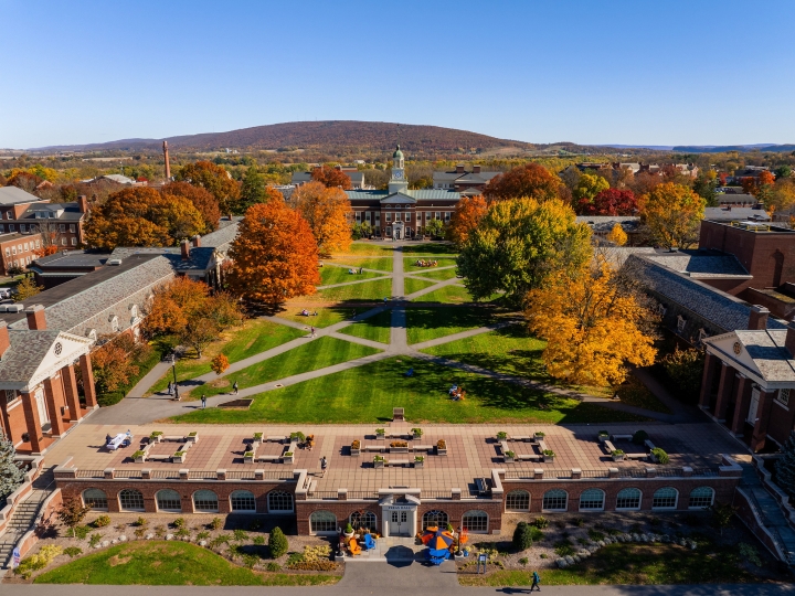 Aerial photo of Bucknell University's Malesardi Quad on a blue sky fall day