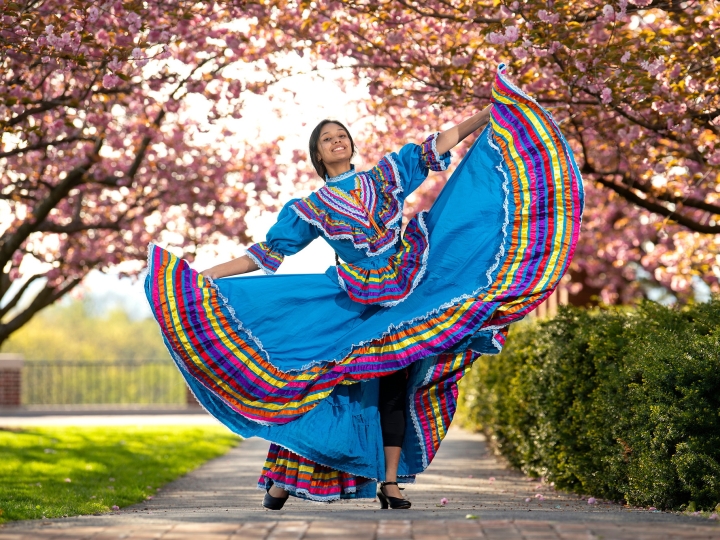Gabby Diaz&#039; dances folklorico among blossoming cherry trees