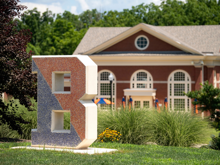 The Bucknell B statue at MacDonald Commons