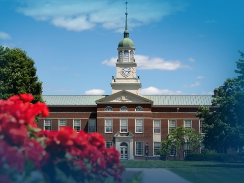 Exterior of Bertrand Library in the summer