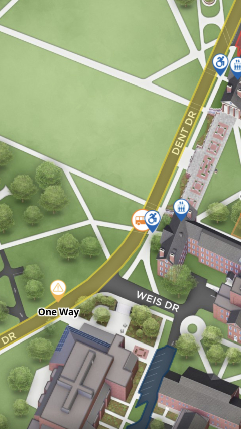 Bird-eye view of map of Bucknell Campus showing location of some commencement activities