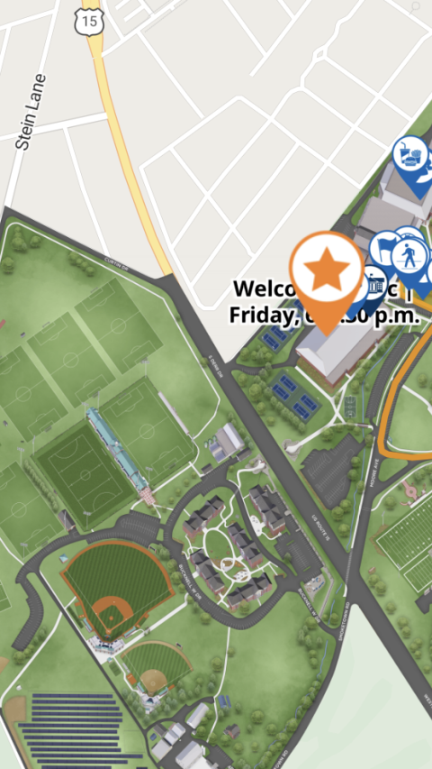 birds-eye view of campus with pins showing the locations of Reunion weekend events.
