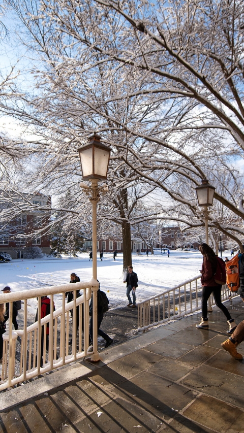 Students walking to class on snowy day