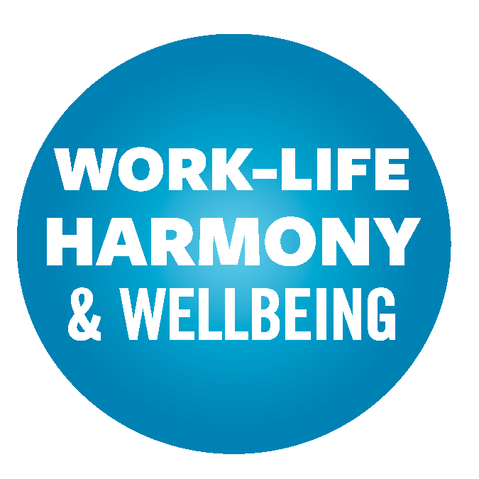blue circle surrounding the words "work-life harmony and wellbeing"