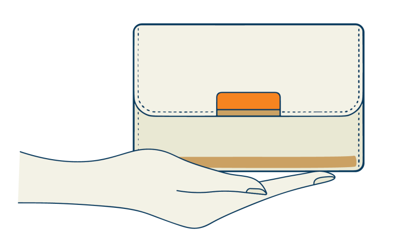 Small clutch bag the size of a hand. Hand holding bag for scale. 