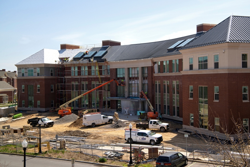 Construction crews complete exterior work on Holmes Hall