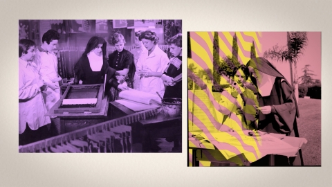 A screen shot from Corita Kent: The Pop Art Nun, showing a purple toned photograph and a pink toned photograph with an orange graphic overlay.