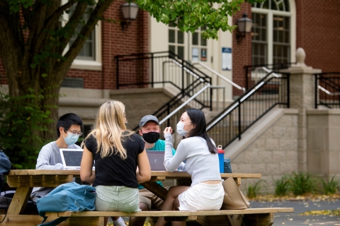 Students study outdoors on the science quad.