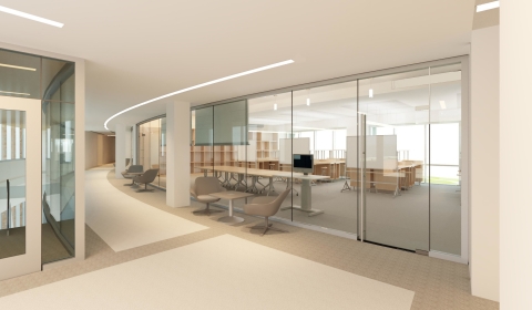 Rendering of the MIDE hallway in the Management/Art & Art History Building