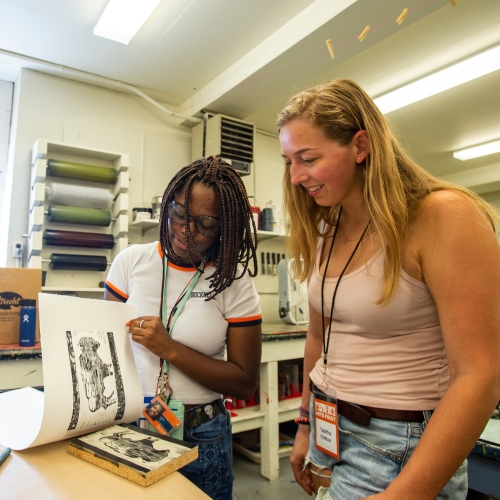 Students printmaking during Arts First