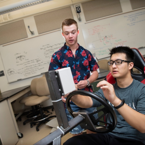 Students with brake simulator